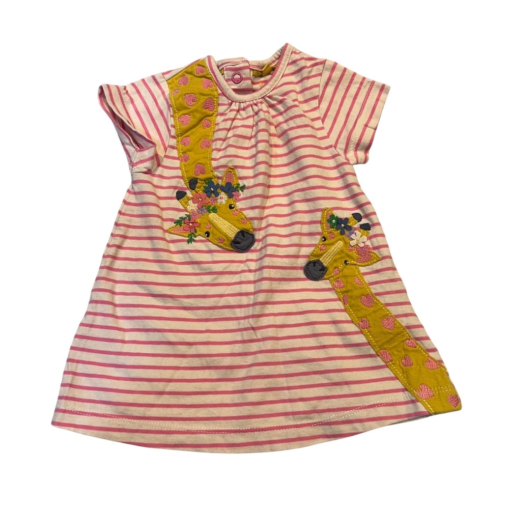 Baby Boden Pink Striped Giraffe Floral Applique Dress 0-3M